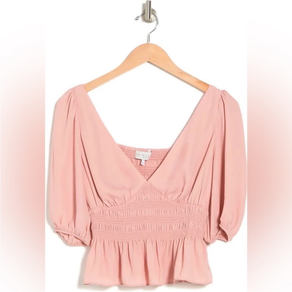 NWT Wayf Blush Pink Puff Sleeve Smocked Peplum Crop Top M
